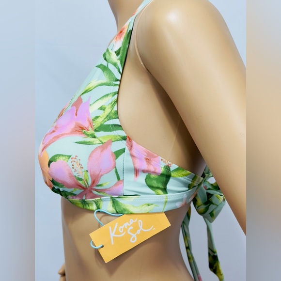 Kona Sol Light Green Tropical Bikini Top Crisscross Back S(4-6) - Picture 4 of 8